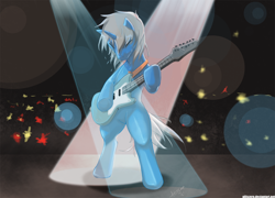 Size: 1470x1058 | Tagged: safe, artist:alliszero, derpibooru import, oc, oc only, pony, unicorn, bipedal, eyes closed, guitar, musical instrument, solo focus, spotlight, stage, sweat