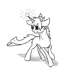 Size: 1800x1800 | Tagged: safe, artist:joan-grace, derpibooru import, oc, oc only, oc:angel, pony, unicorn, glowing horn, horn, lineart, monochrome, smiling, solo