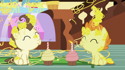 Size: 1280x720 | Tagged: safe, derpibooru import, screencap, pound cake, pumpkin cake, pegasus, pony, unicorn, it isn't the mane thing about you, season 7, :o, ^^, baby, baby pony, cake twins, colt, cupcake, cute, eyes closed, female, filly, foal, food, fraternal twins, male, open mouth, poundabetes, pumpkinbetes, siblings, sugarcube corner, twins