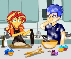 Size: 512x427 | Tagged: safe, artist:sarawalt15, derpibooru import, flash sentry, sunset shimmer, equestria girls, apron, baking, bowl, clothes, cupcake, dough, egg beater, female, flashimmer, flour, food, kitchen, male, rolling pin, shipping, straight