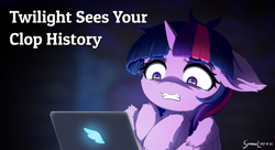 Size: 2750x1500 | Tagged: safe, artist:symbianl, derpibooru import, edit, editor:band sickle, twilight sparkle, twilight sparkle (alicorn), alicorn, pony, cheek fluff, computer, crying, ear fluff, ears, floppy ears, laptop computer, leg fluff, meme, mentally scarred, scared, solo, tears of fear, teary eyes, text, this will end in therapy, trauma, traumatized, wing fluff