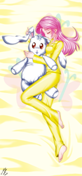 Size: 1773x3793 | Tagged: safe, artist:mauroz, derpibooru import, angel bunny, fluttershy, human, rabbit, animal, anime, barefoot, clothes, commission, cute, eyes closed, feet, female, humanized, pajamas, plushie, shyabetes, solo