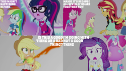 Size: 1280x720 | Tagged: safe, derpibooru import, edit, edited screencap, editor:quoterific, screencap, applejack, fluttershy, pinkie pie, rainbow dash, rarity, sci-twi, sunset shimmer, twilight sparkle, equestria girls, mirror magic, spoiler:eqg specials, applejack's hat, belt, clothes, cowboy hat, cutie mark, cutie mark on clothes, denim skirt, female, geode of empathy, geode of fauna, geode of shielding, geode of sugar bombs, geode of super speed, geode of super strength, geode of telekinesis, glasses, hairpin, hat, humane five, humane seven, humane six, jewelry, magical geodes, necklace, offscreen character, open mouth, ponytail, skirt