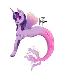 Size: 907x1083 | Tagged: safe, artist:kimmytheredhead, derpibooru import, twilight sparkle, twilight sparkle (alicorn), alicorn, hybrid, merpony, pony, seapony (g4), female, fin wings, fish tail, flowing tail, horn, looking at you, mermaid tail, no pupils, open mouth, purple eyes, seaponified, seapony twilight, signature, simple background, smiling, solo, species swap, tail, transparent background, wings