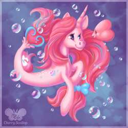 Size: 1280x1280 | Tagged: safe, artist:cherryscallop, derpibooru import, oc, pony, seapony (g4), unicorn, blue background, bubble, dorsal fin, female, fish tail, flowing mane, flowing tail, horn, logo, luvdisc, ocean, pink mane, pokémon, seaponified, simple background, smiling, solo, species swap, swimming, tail, underwater, water