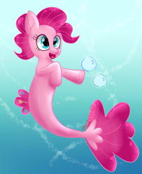 Size: 850x1048 | Tagged: safe, artist:mere-chan00, derpibooru import, pinkie pie, earth pony, pony, seapony (g4), blue eyes, bubble, crepuscular rays, dorsal fin, female, fish tail, flowing tail, ocean, open mouth, open smile, pink mane, seaponified, seapony pinkie pie, signature, smiling, solo, species swap, sunlight, swimming, tail, underwater, water