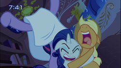 Size: 1334x750 | Tagged: safe, derpibooru import, screencap, applejack, rarity, twilight sparkle, look before you sleep, season 1, blanket, ears, floppy ears, golden oaks library, night, open mouth, volumetric mouth