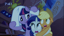 Size: 1334x750 | Tagged: safe, derpibooru import, screencap, applejack, rarity, twilight sparkle, look before you sleep, season 1, blanket, ears, floppy ears, golden oaks library