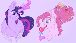 Size: 1792x1008 | Tagged: safe, artist:skior, derpibooru import, pinkie pie, princess twilight 2.0, twilight sparkle, twilight sparkle (alicorn), alicorn, earth pony, pony, the last problem, bust, candy, curved horn, female, food, glowing horn, heart, horn, lesbian, lollipop, magic, mare, older, older pinkie pie, older twilight, shipping, solo, twinkie