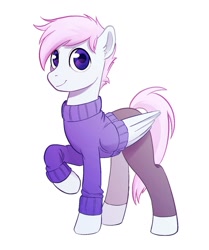 Size: 1271x1517 | Tagged: safe, artist:3gonart, artist:draw3, derpibooru import, oc, oc only, pegasus, pony, clothes, looking at you, pants, raised hoof, raised leg, simple background, smiling, solo, sweater, white background