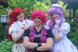 Size: 2048x1366 | Tagged: safe, artist:maddymoiselle, artist:sarahndipity cosplay, artist:shelbeanie, derpibooru import, apple bloom, scootaloo, sweetie belle, human, clothes, cosplay, costume, crossed arms, cutie mark crusaders, everfree northwest, everfree northwest 2019, irl, irl human, photo