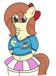 Size: 1740x2328 | Tagged: safe, artist:sparkfler85, derpibooru exclusive, derpibooru import, oc, oc only, oc:flani bainilye, anthro, earth pony, belly button, big breasts, bow, breasts, clothes, cute, cutie mark, cutie mark on clothes, female, freckles, glasses, mare, simple background, skirt, socks, solo, stockings, sweater, thigh highs, transparent background