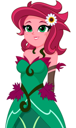 Size: 896x1499 | Tagged: safe, artist:rosemile mulberry, derpibooru import, part of a set, gaea everfree, gloriosa daisy, equestria girls, legend of everfree, arm behind back, bare shoulders, breasts, cleavage, clothes, dress, female, flower, flower in hair, freckles, leaf, shoulder freckles, simple background, sleeveless, smiling, solo, strapless, vine