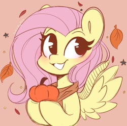 Size: 1156x1143 | Tagged: safe, artist:sakukitty, derpibooru import, fluttershy, pegasus, pony, autumn, blushing, bust, clothes, cute, falling leaves, female, hoof hold, leaves, looking at you, mare, no pupils, pumpkin, scarf, shyabetes, smiling, solo, spread wings, stars, wings