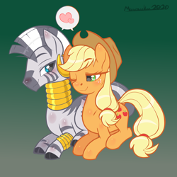 Size: 3000x3000 | Tagged: safe, artist:moonseeker, derpibooru import, applejack, zecora, earth pony, pony, zebra, applecora, blushing, female, gradient background, heart, lesbian, lying down, mare, prone, shipping