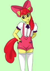 Size: 1280x1811 | Tagged: safe, artist:josiethecow, derpibooru import, apple bloom, anthro, earth pony, apple bloom's bow, bow, clothes, female, filly, green background, hair bow, hand on hip, head tilt, simple background, smiling, solo