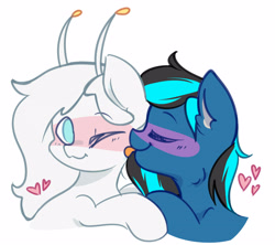 Size: 3400x3024 | Tagged: safe, derpibooru import, oc, oc:moonshine, oc:vaila, alien, pegasus, blushing, cute, eyes closed, heart, licking, one eye closed, simple background, tongue, tongue out, white background