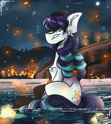 Size: 2500x2800 | Tagged: safe, artist:its_sunsetdraws, derpibooru import, coloratura, earth pony, pony, cheek fluff, digital art, eye clipping through hair, fanart, female, floating lights, grin, high res, lilypad, mare, mountain, night, night sky, rara, reflection, river, sitting, sitting in water, sky, smiling, solo, water