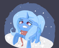 Size: 2029x1668 | Tagged: safe, artist:solid shrimp, derpibooru import, trixie, clothes, night, scarf, simple background, smiling, snow, snowfall