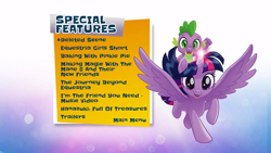 Size: 853x480 | Tagged: safe, derpibooru import, spike, twilight sparkle, twilight sparkle (alicorn), alicorn, dragon, pony, better together, equestria girls, my little pony: the movie, road trippin, deleted scene, dragons riding ponies, female, glowing horn, hanazuki: full of treasures, horn, i'm the friend you need, male, menu screen, official, riding, trailer