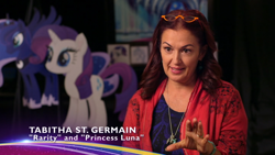 Size: 853x480 | Tagged: safe, derpibooru import, princess luna, rarity, alicorn, unicorn, my little pony: the movie, cardboard cutout, concept art, female, interview, jewelry, necklace, official, pendant, tabitha st. germain, text, voice actor
