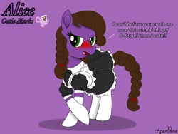 Size: 2048x1536 | Tagged: safe, artist:apexpone, derpibooru import, oc, oc:alice, earth pony, pony, blatant lies, blushing, braided pigtails, braided tail, clothes, embarrassed, i'm not cute, maid, reference sheet, simple background, solo, stockings, thigh highs, tsundere