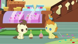 Size: 1280x720 | Tagged: safe, derpibooru import, screencap, pound cake, pumpkin cake, pegasus, pony, unicorn, it isn't the mane thing about you, season 7, baby, baby pony, cake twins, colt, cupcake, female, filly, foal, food, fraternal twins, male, siblings, smiling, sugarcube corner, twins