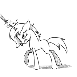 Size: 1800x1800 | Tagged: safe, artist:joan-grace, derpibooru import, oc, oc only, oc:tripwire, pony, angry, blast, glowing horn, horn, lineart, magic, magic beam, magic blast, monochrome, raised hoof, raised leg, solo