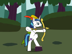 Size: 1280x960 | Tagged: safe, artist:platinumdrop, derpibooru import, shining armor, arrow, bipedal, bow, brooch, bycocket, cape, clothes, hat, jewelry, request, robin hood, solo
