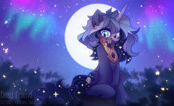 Size: 3478x2127 | Tagged: safe, artist:dedfriend, derpibooru import, oc, oc only, pony, unicorn, aurora borealis, moon, solo