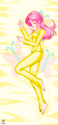 Size: 1773x3793 | Tagged: safe, alternate version, artist:mauroz, derpibooru import, fluttershy, human, anime, bed, blushing, clothes, eyes closed, female, high res, humanized, pajamas, sleeping, solo