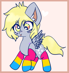 Size: 987x1034 | Tagged: safe, artist:ube, artist:ubebreb, derpibooru import, derpy hooves, ditzy doo, pegasus, chibi, clothes, derp, mismatched eyes, mouthpiece, pansexual, pansexual pride flag, pride, pride flag, pride socks, small, socks, striped socks