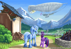 Size: 1748x1200 | Tagged: safe, artist:kirillk, derpibooru import, trixie, twilight sparkle, unicorn twilight, pony, unicorn, airship, mountain, mountain range, scenery, size difference, unshorn fetlocks