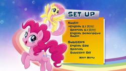 Size: 853x480 | Tagged: safe, derpibooru import, fluttershy, pinkie pie, earth pony, pegasus, my little pony: the movie, dolby digital, female, menu screen, official, rainbow, subtitles