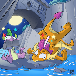Size: 800x800 | Tagged: safe, artist:boscoloandrea, artist:boskocomicartist, smolder, spike, dragon, brick, bridge, bridle, cartoon violence, circling stars, commission, commissioner:foxlover91, crash, derp, dragoness, duo, female, full moon, male, moon, night, pain star, this did not end well, water, winged spike