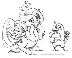 Size: 1200x965 | Tagged: safe, artist:kaemantis, fluttershy, pegasus, penguin, pony, crossover, female, floating heart, grayscale, heart, mare, monochrome, prinny, simple background, white background