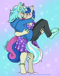 Size: 945x1200 | Tagged: safe, artist:kaemantis, bon bon, lyra heartstrings, sweetie drops, anthro, earth pony, unguligrade anthro, unicorn, abstract background, blushing, bridal carry, dress, female, hoodie, lesbian, looking at each other, lyrabon, shipping