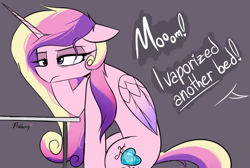 Size: 1337x898 | Tagged: safe, artist:pinkberry, princess cadance, princess flurry heart, alicorn, pony, cadance is not amused, dialogue, drawpile, female, head on hoof, implied flurry heart, mare, messy mane, offscreen character, simple background, solo, speech, talking, text, tired, unamused
