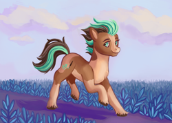 Size: 700x498 | Tagged: safe, artist:bartolomy, derpibooru import, oc, oc:sagebrush, earth pony, pony, brush, coat markings, earth pony oc, green eyes, male, multicolored hair, multicolored mane, multicolored tail, paint, paintbrush, pinto, scenery, shading, solo, stallion, unshorn fetlocks