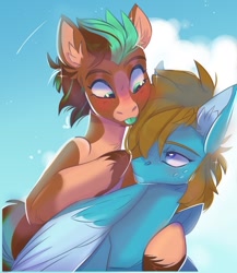 Size: 750x863 | Tagged: safe, artist:dez_hyena, derpibooru import, oc, oc only, oc:carbon, oc:sagebrush, earth pony, pegasus, pony, :p, blushing, cloud, colored wings, couple, cute, dating, day, ear fluff, ears, earth pony oc, eyelashes, femboy, folded wings, freckles, gay, hug, looking at each other, looking back, male, multicolored hair, multicolored tail, multicolored wings, oc x oc, outdoors, pegasus oc, shipping, sky, stallion, tongue, tongue out, unshorn fetlocks, wings