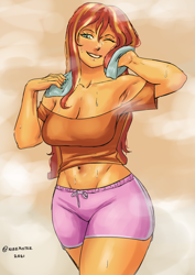 Size: 1754x2480 | Tagged: safe, artist:nire, derpibooru import, sunset shimmer, equestria girls, after shower, armpits, belly, blushing, breasts, cleavage, clothes, looking at you, nail polish, shorts, smiling, smiling at you, steam, sunset jiggler, towel, wide hips