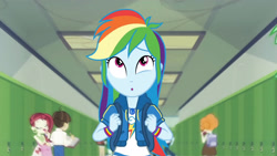 Size: 3410x1920 | Tagged: safe, derpibooru import, screencap, curly winds, rainbow dash, scribble dee, some blue guy, wiz kid, equestria girls, equestria girls series, run to break free, spoiler:eqg series (season 2), :o, backpack, clothes, cutie mark, cutie mark on clothes, female, geode of super speed, hallway, hoodie, jewelry, lockers, magical geodes, male, necklace, open mouth