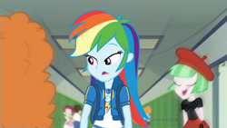 Size: 3410x1920 | Tagged: safe, derpibooru import, screencap, curly winds, golden hazel, rainbow dash, scribble dee, some blue guy, wiz kid, equestria girls, equestria girls series, run to break free, spoiler:eqg series (season 2), backpack, clothes, cutie mark, cutie mark on clothes, eyes closed, female, geode of super speed, hallway, hoodie, jewelry, lockers, magical geodes, male, necklace, open mouth