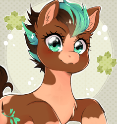 Size: 700x740 | Tagged: safe, artist:the-cat1, derpibooru import, oc, oc:sagebrush, earth pony, pony, brush, coat markings, earth pony oc, green eyes, happy, male, multicolored hair, multicolored mane, multicolored tail, pinto, shading, smiling, solo, stallion, transgender, unshorn fetlocks