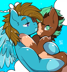Size: 700x762 | Tagged: safe, artist:dezmi, derpibooru import, oc, oc only, oc:carbon, oc:sagebrush, earth pony, pegasus, pony, blue eyes, brown mane, brush, coat markings, colored wings, couple, cute, dating, earth pony oc, forehead kiss, gay, green eyes, hooves, hooves up, kissing, male, multicolored hair, multicolored mane, multicolored tail, multicolored wings, pegasus oc, pinto, shading, shipping, sky, smiling, stallion, transgender, wings