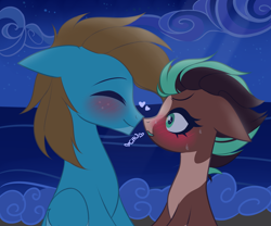 Size: 3000x2500 | Tagged: safe, alternate version, artist:wew11, derpibooru import, oc, oc only, oc:carbon, oc:sagebrush, earth pony, pegasus, pony, beach, blue eyes, blushing, boop, brown mane, brush, coat markings, colored wings, couple, cute, dating, earth pony oc, eyelashes, eyes closed, eyes open, gay, green eyes, heart, hooves, male, multicolored hair, multicolored mane, multicolored tail, multicolored wings, night, noseboop, ocean, pegasus oc, pinto, shading, shipping, sky, smiling, stallion, transgender, wings