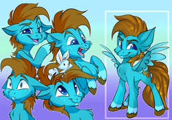 Size: 3600x2520 | Tagged: safe, artist:xvostik, derpibooru import, oc, oc only, oc:carbon, pegasus, pony, rabbit, animal, blue eyes, brown mane, closed mouth, coat markings, colored wings, confident, cute, flirty, freckles, fullbody, happy, male, multicolored wings, open mouth, pegasus oc, raised hoof, raised hooves, raised leg, scared, smiling, socks (coat marking), solo, spread wings, stallion, surprised, unshorn fetlocks, wings