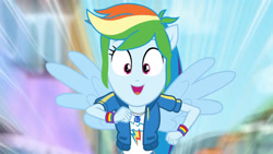 Size: 3410x1920 | Tagged: safe, derpibooru import, screencap, rainbow dash, equestria girls, equestria girls series, run to break free, spoiler:eqg series (season 2), backpack, clothes, cute, cutie mark, cutie mark on clothes, dashabetes, female, geode of super speed, hoodie, jewelry, magical geodes, necklace, open mouth, ponied up, rainbow trail, solo, spread wings, wings