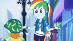 Size: 3410x1920 | Tagged: safe, derpibooru import, screencap, fleur-de-lis, rainbow dash, equestria girls, equestria girls series, run to break free, spoiler:eqg series (season 2), backpack, clothes, cute, cutie mark, cutie mark on clothes, dashabetes, female, geode of super speed, hoodie, jewelry, magical geodes, male, necklace, open mouth, pants, shirt, smiling, t-shirt