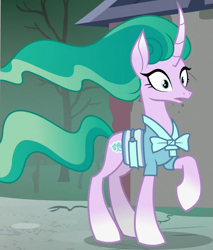 Size: 535x628 | Tagged: safe, derpibooru import, screencap, mistmane, pony, unicorn, campfire tales, season 7, cropped, curved horn, female, horn, horrified, mare, oh no, raised hoof, raised leg, shocked, solo